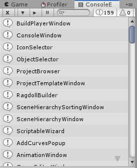 List of all EditorWindow types printed in the console