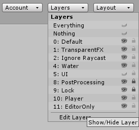 The Layers drop-down of the scene view