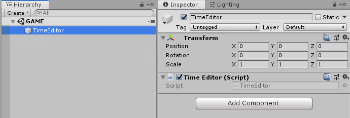 The TimeEditor script on an empty GameObject in the hierarchy