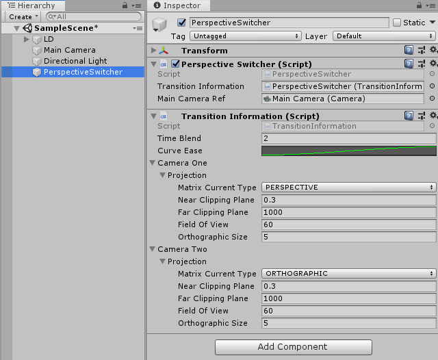 The PerspectiveSwitcher and TransitionInformation components in the inspector