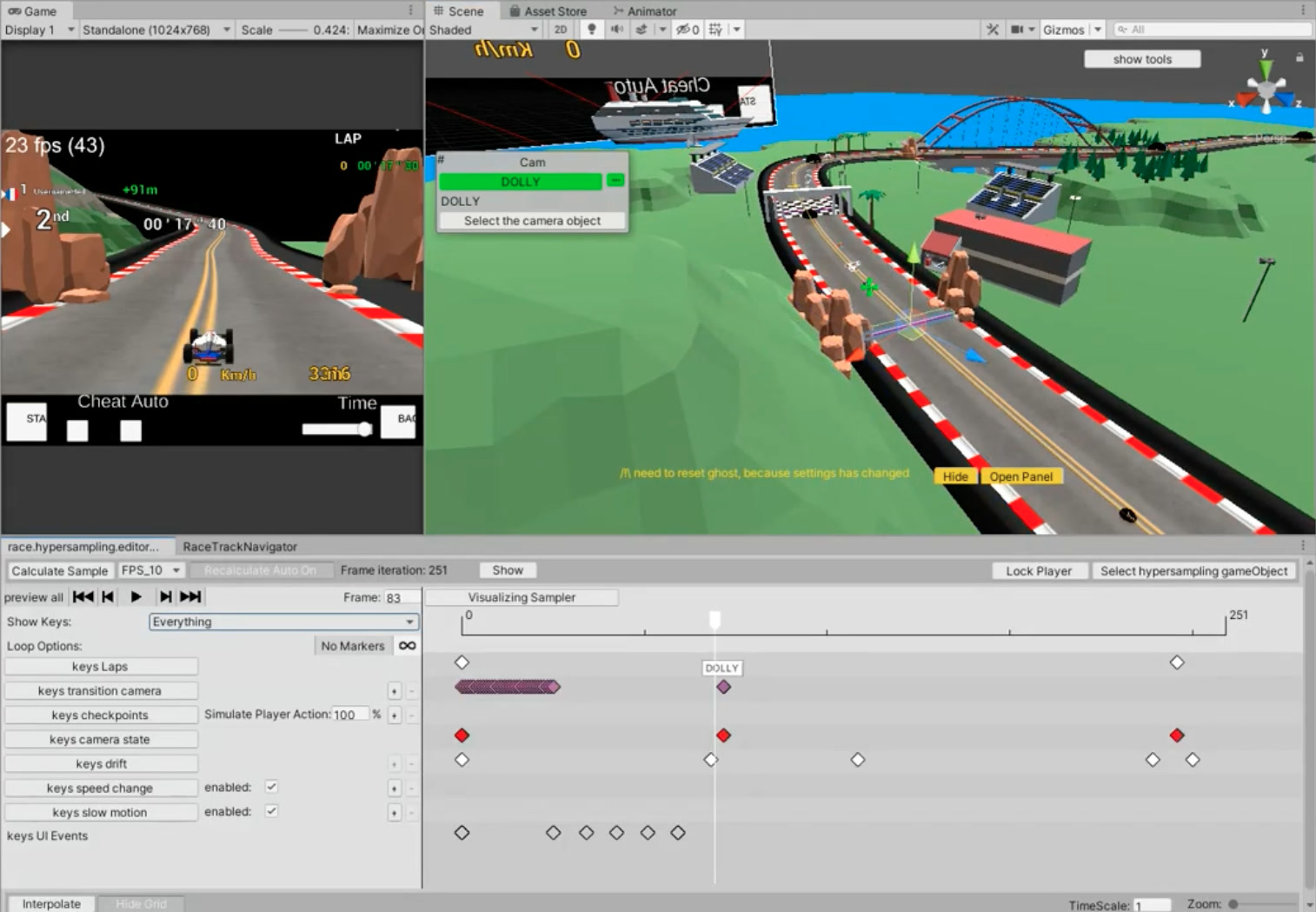 The race keyframe tool in Unity: game view, scene view and the timeline of keys