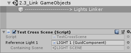 A GuidReference field pointing to the light in another scene
